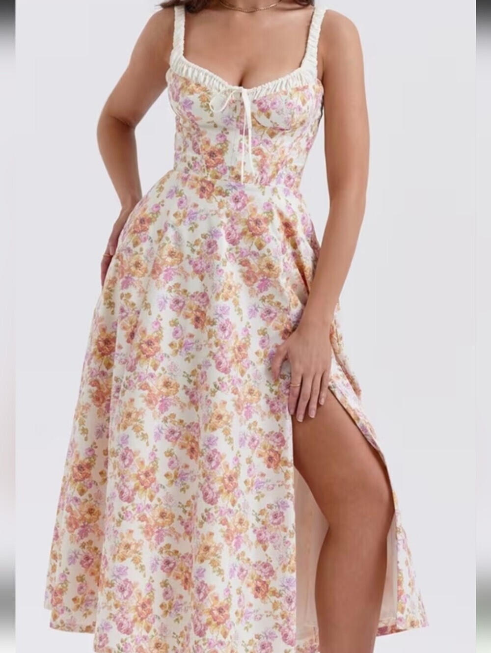 Princess Fit Midi Floral Midi Dress - White Pink Gold Floral Sz Large